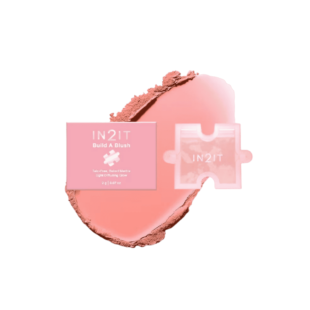 IN2IT Build A Blush BBM01 Teddy blush refill packaging with pink powder swatch and compact case