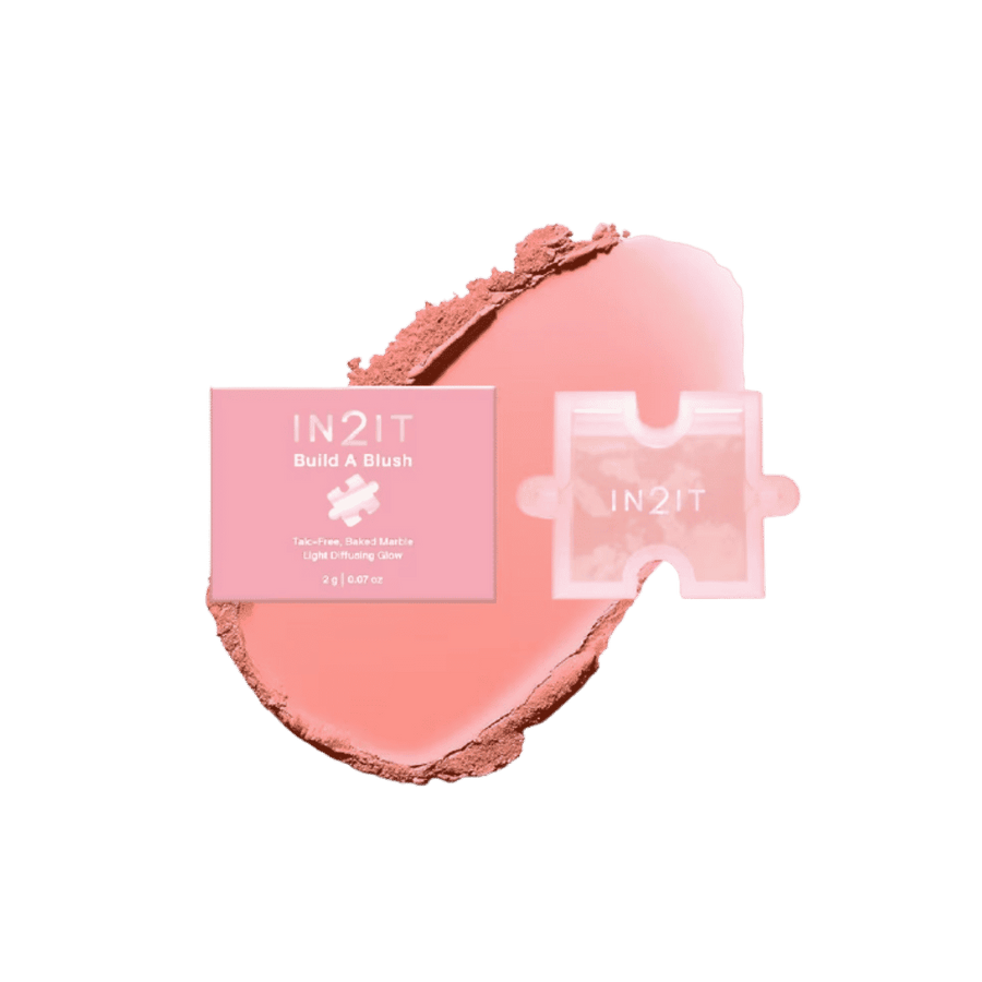 IN2IT Build A Blush BBM01 Teddy blush refill packaging with pink powder swatch and compact case