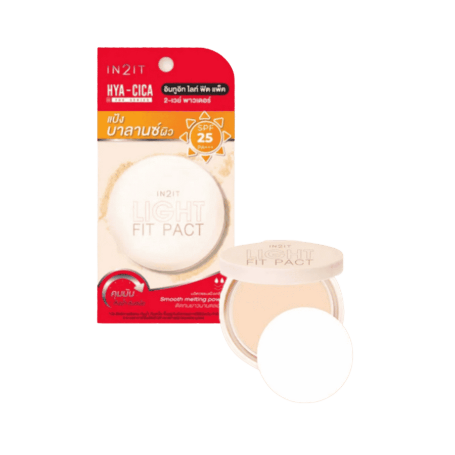 IN2IT Light Fit Pact 2-Way Powder SPF25 PA+++ 5g compact with puff and beige powder.