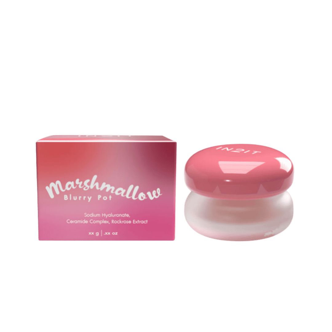 IN2IT Marshmallow Blurry Pot cosmetic jar and pink gradient box packaging with frosted container design