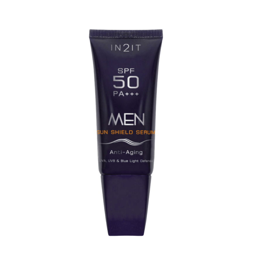 IN2IT men sun shield serum tube, SPF50 PA+++, anti-aging, dark blue packaging, 10g, visible branding