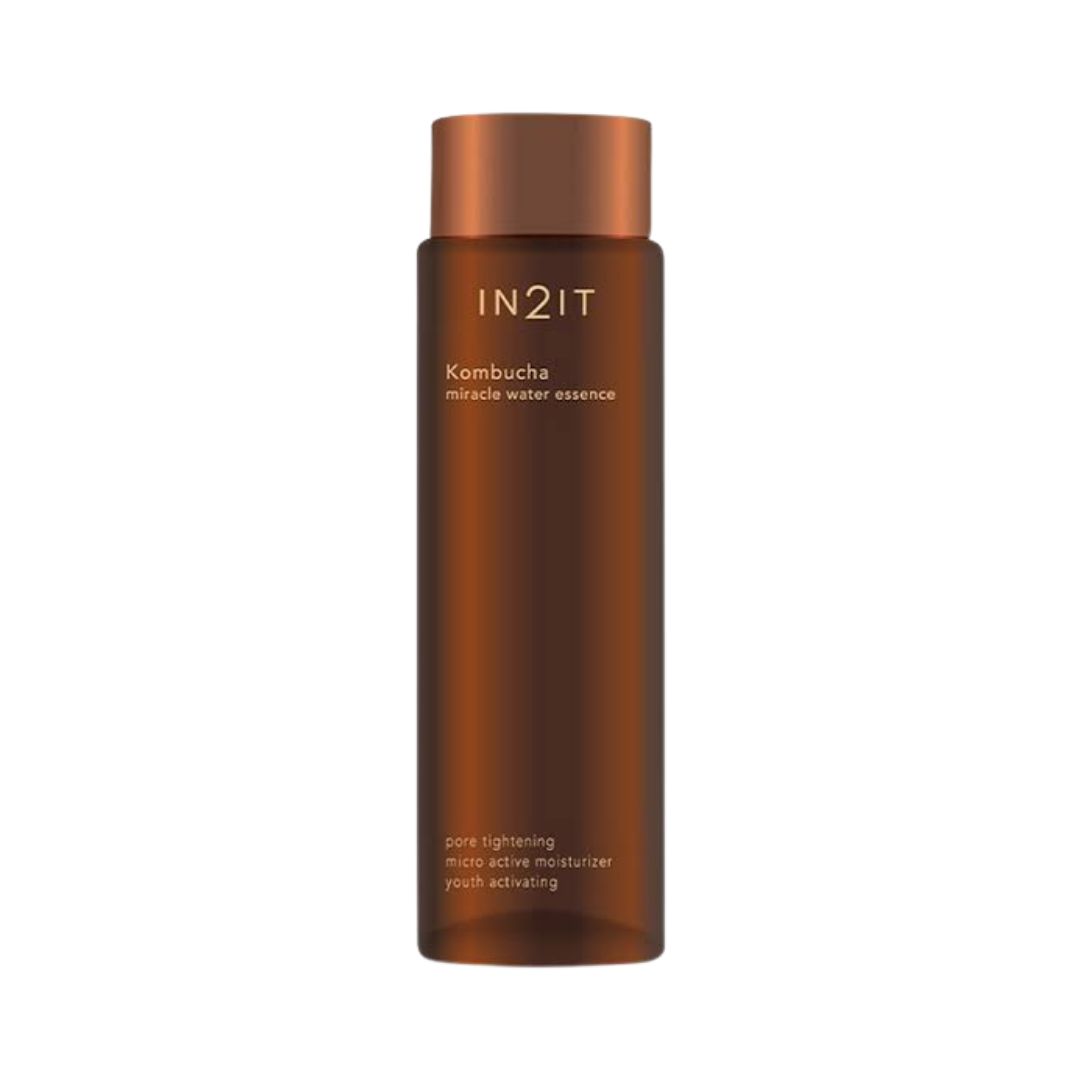 IN2IT Miracle Water Essence, 150 ml, in a tall brown bottle with matching cap.