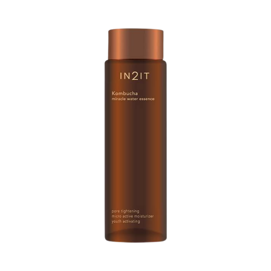 IN2IT Miracle Water Essence, 150 ml, in a tall brown bottle with matching cap.