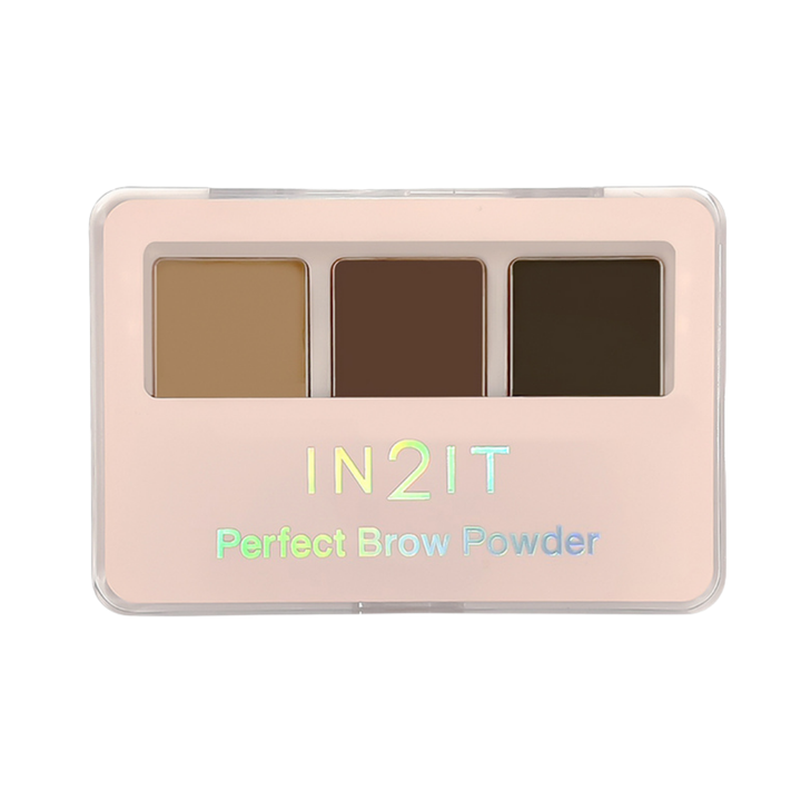 IN2IT Perfect Brow Powder, 3 g, compact palette with three brown eyebrow powder shades.