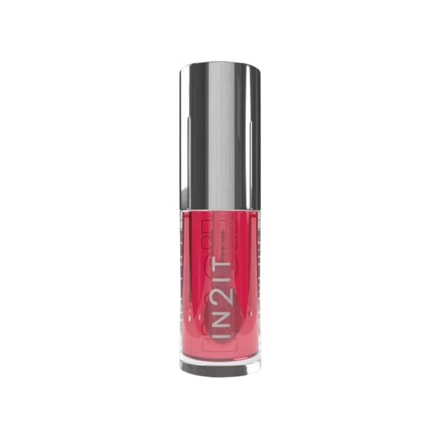 IN2IT lip oil tube with pink tinted formula and reflective silver cap packaging