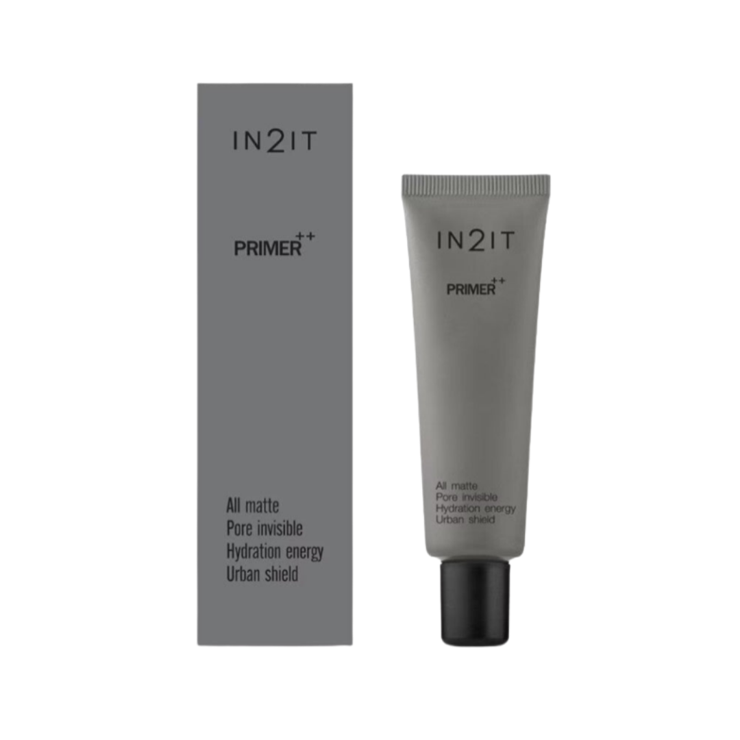 IN2IT Primer++ All Matte face primer in gray tube with matching box packaging.