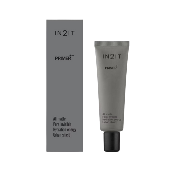 IN2IT Primer++ All Matte face primer in gray tube with matching box packaging.