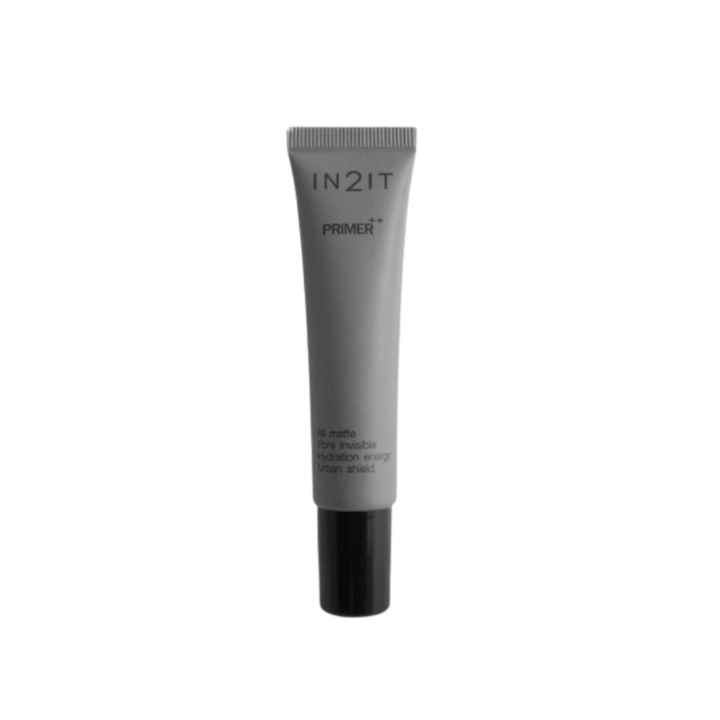 IN2IT Primer++ All Matte face primer in gray tube with black cap.