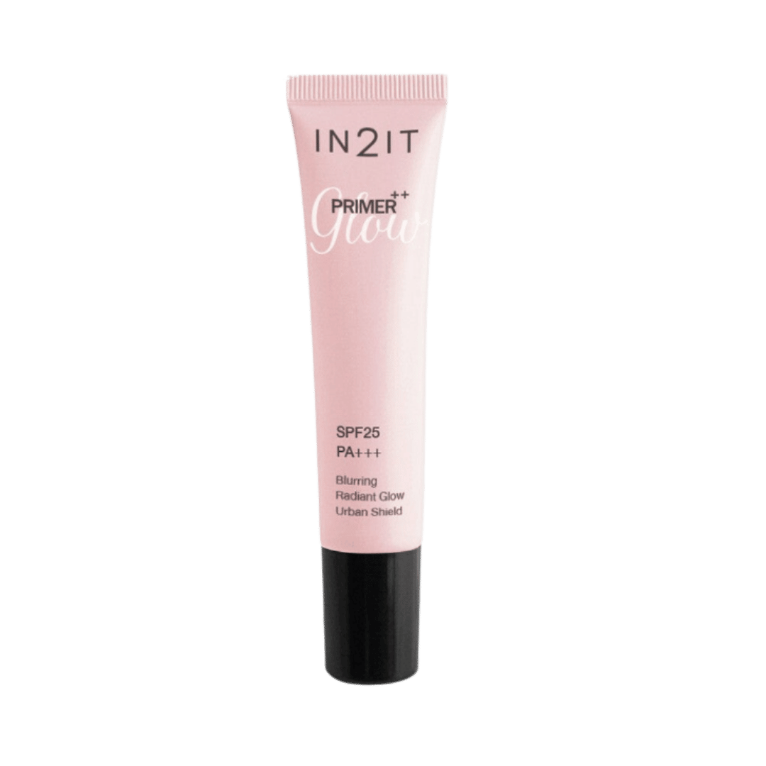 IN2IT Primer++ Glow SPF25 PA+++ 3g pink tube with black cap for radiant makeup preparation.