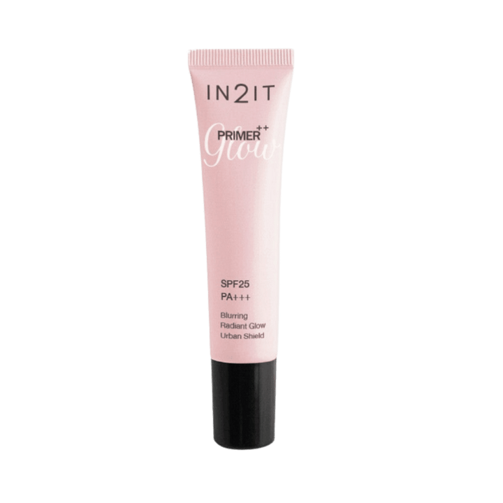 IN2IT Primer++ Glow SPF25 PA+++ 3g pink tube with black cap for radiant makeup preparation.