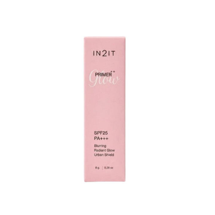 IN2IT Primer Glow++ SPF25 PA+++ 8g pink packaging with blurring, radiant glow and urban shield claims.