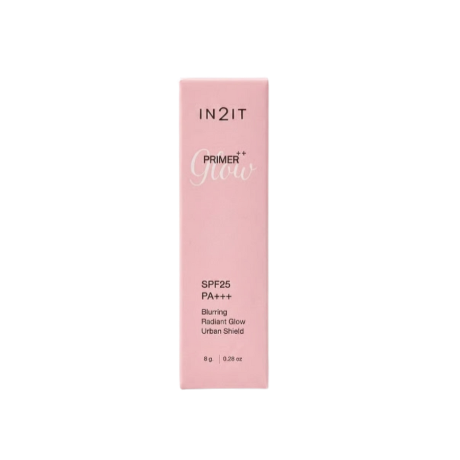 IN2IT Primer Glow++ SPF25 PA+++ 8g pink packaging with blurring, radiant glow and urban shield claims.