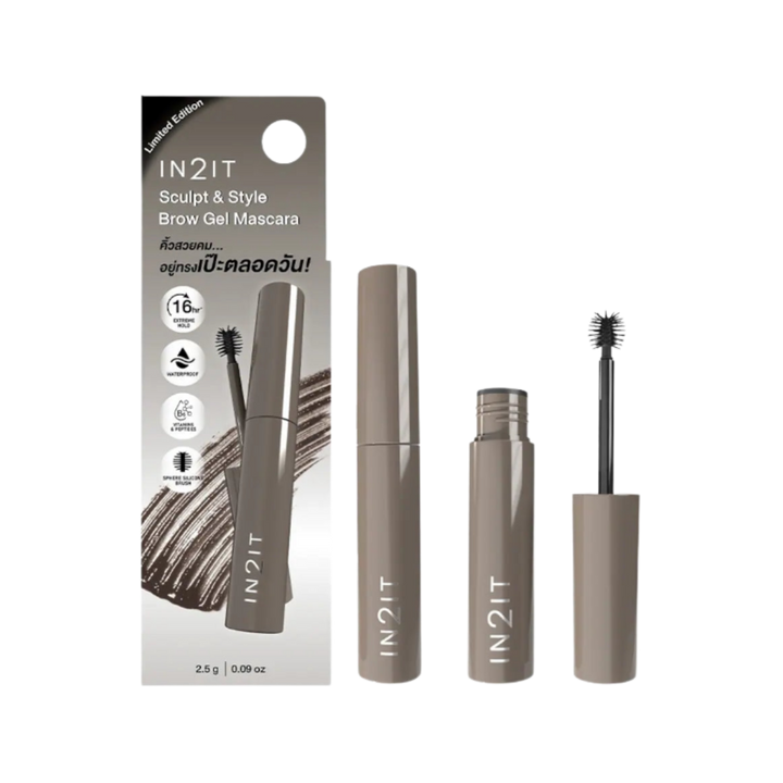 IN2IT Sculpt & Style Brow Gel Mascara 2.5g, limited edition, taupe-colored tube with spoolie brush and 16-hour hold.