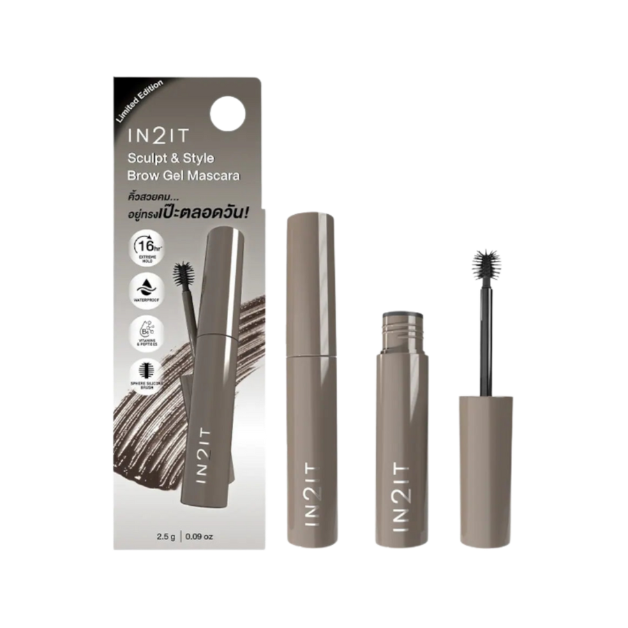 IN2IT Sculpt & Style Brow Gel Mascara 2.5g, limited edition, taupe-colored tube with spoolie brush and 16-hour hold.