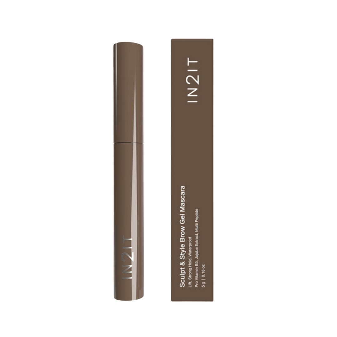 IN2IT Sculpt & Style Brow Gel Mascara 5g brown tube and matching box for eyebrow styling.