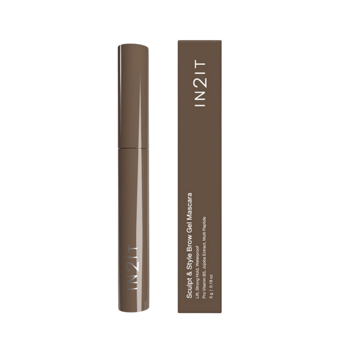 IN2IT Sculpt & Style Brow Gel Mascara 5g brown tube and matching box for eyebrow styling.