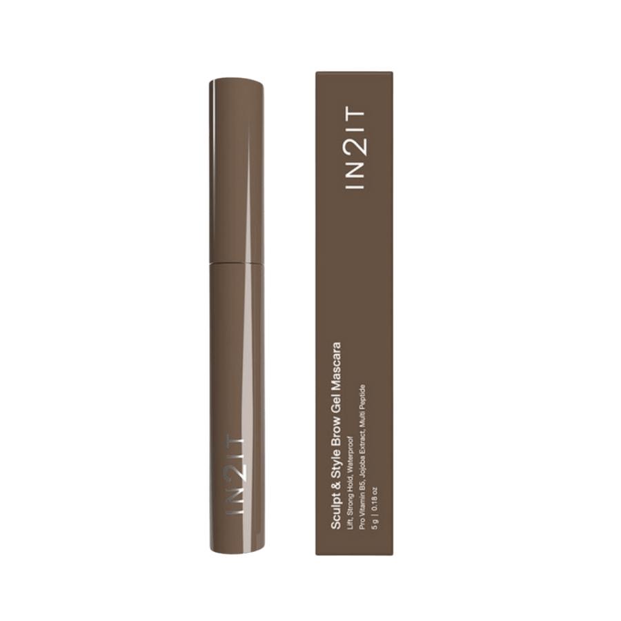 IN2IT Sculpt & Style Brow Gel Mascara 5g brown tube and matching box for eyebrow styling.