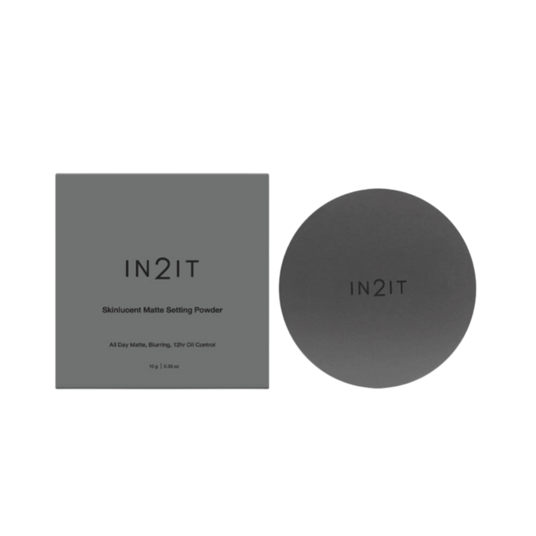 IN2IT Skinlucent Matte Setting Powder compact and box packaging in dark gray matte finish