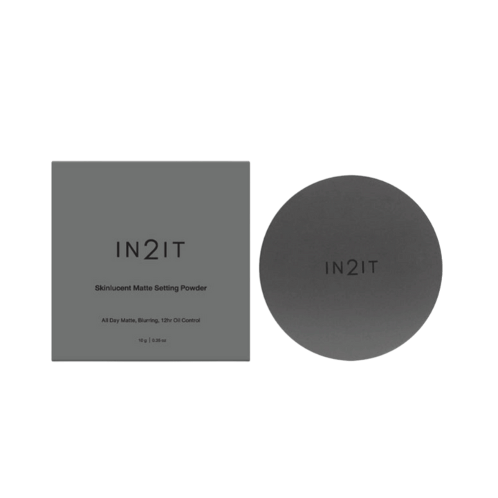 IN2IT Skinlucent Matte Setting Powder compact and box packaging in dark gray matte finish