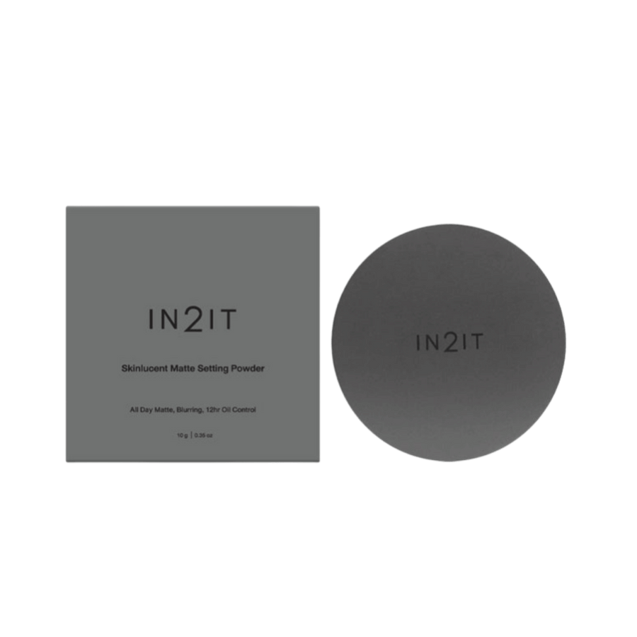 IN2IT Skinlucent Matte Setting Powder compact and box packaging in dark gray matte finish