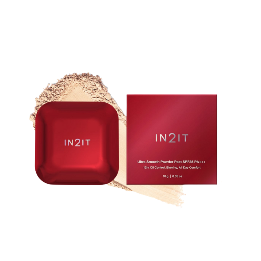 IN2IT Ultra Smooth Powder Pact SPF35 PA+++ 10g red compact with matching box and beige powder swatch.