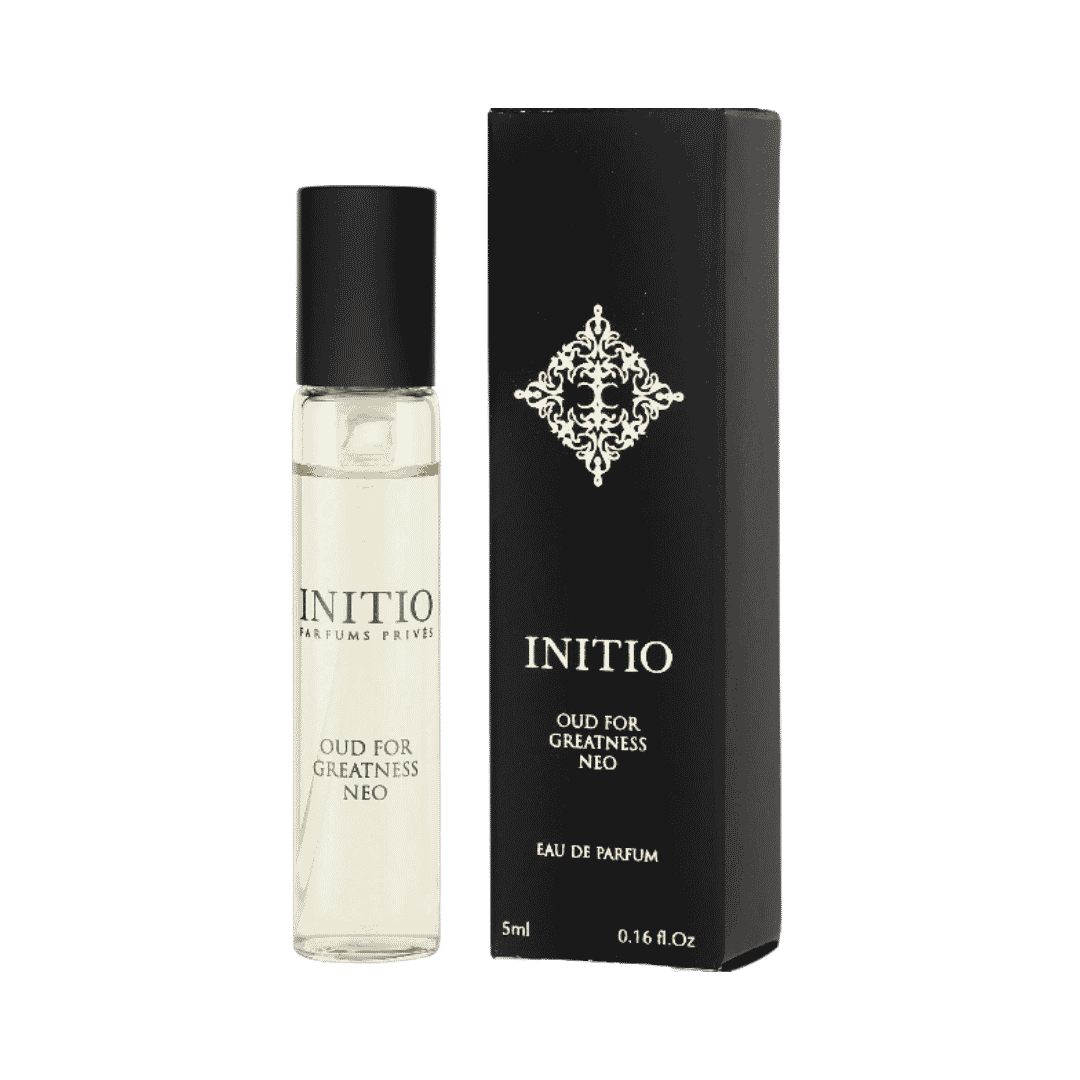 Initio Oud for Greatness Neo eau de parfum 5ml mini spray bottle with black cap and matching black box