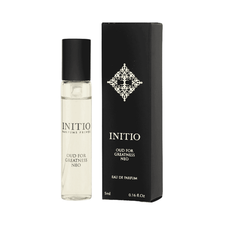 Initio Oud for Greatness Neo eau de parfum 5ml mini spray bottle with black cap and matching black box