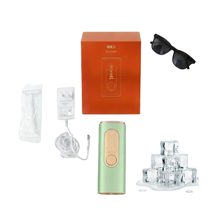 Light green IPL hair removal device with cooling feature, charger, protective glasses, and orange retail box