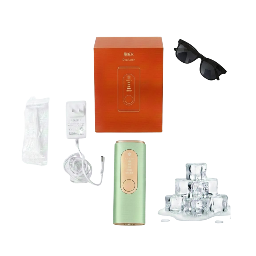 Light green IPL hair removal device with cooling feature, charger, protective glasses, and orange retail box
