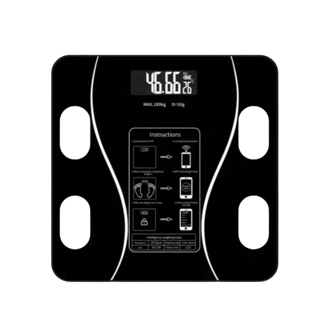 Intelligent weighing scale, black with LCD display, supports Bluetooth connection, max weight 180kg, accuracy 50g, with body composition analysis.