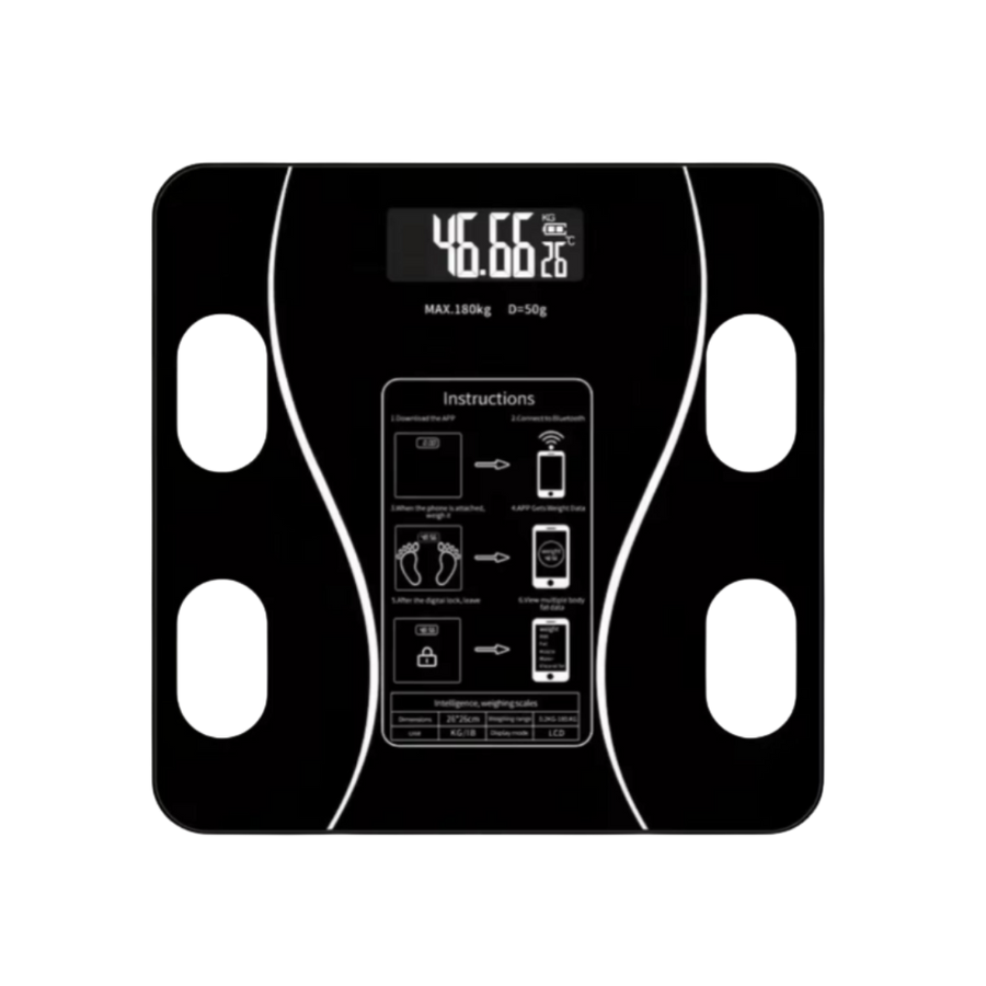 Intelligent weighing scale, black with LCD display, supports Bluetooth connection, max weight 180kg, accuracy 50g, with body composition analysis.