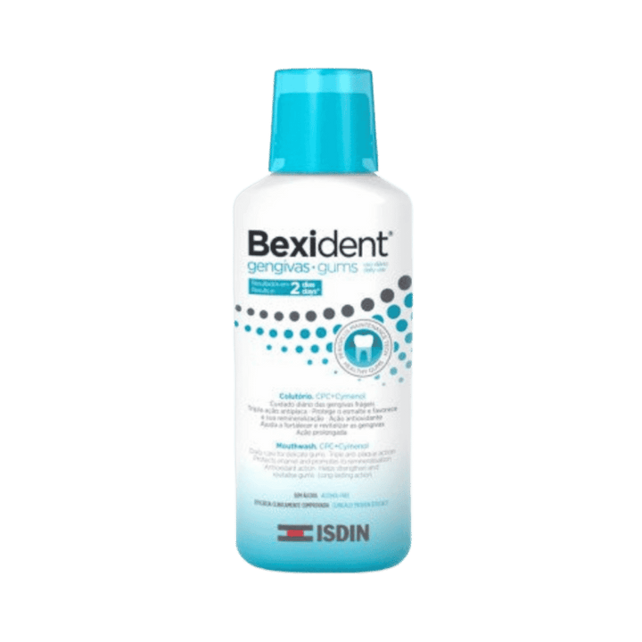 ISDIN Bexident Gums daily mouthwash 250ml in white bottle with turquoise cap for sensitive gums.