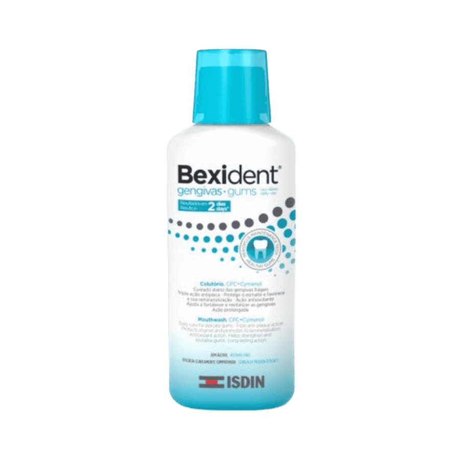 ISDIN Bexident Gums daily mouthwash 250ml in white bottle with turquoise cap for sensitive gums.