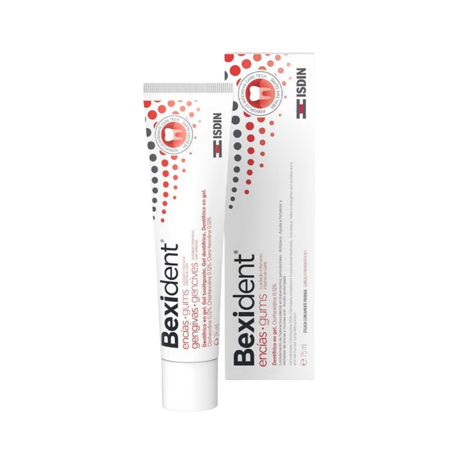 ISDIN Bexident Gums gel toothpaste, 75 ml white tube with red-dot design and box.
