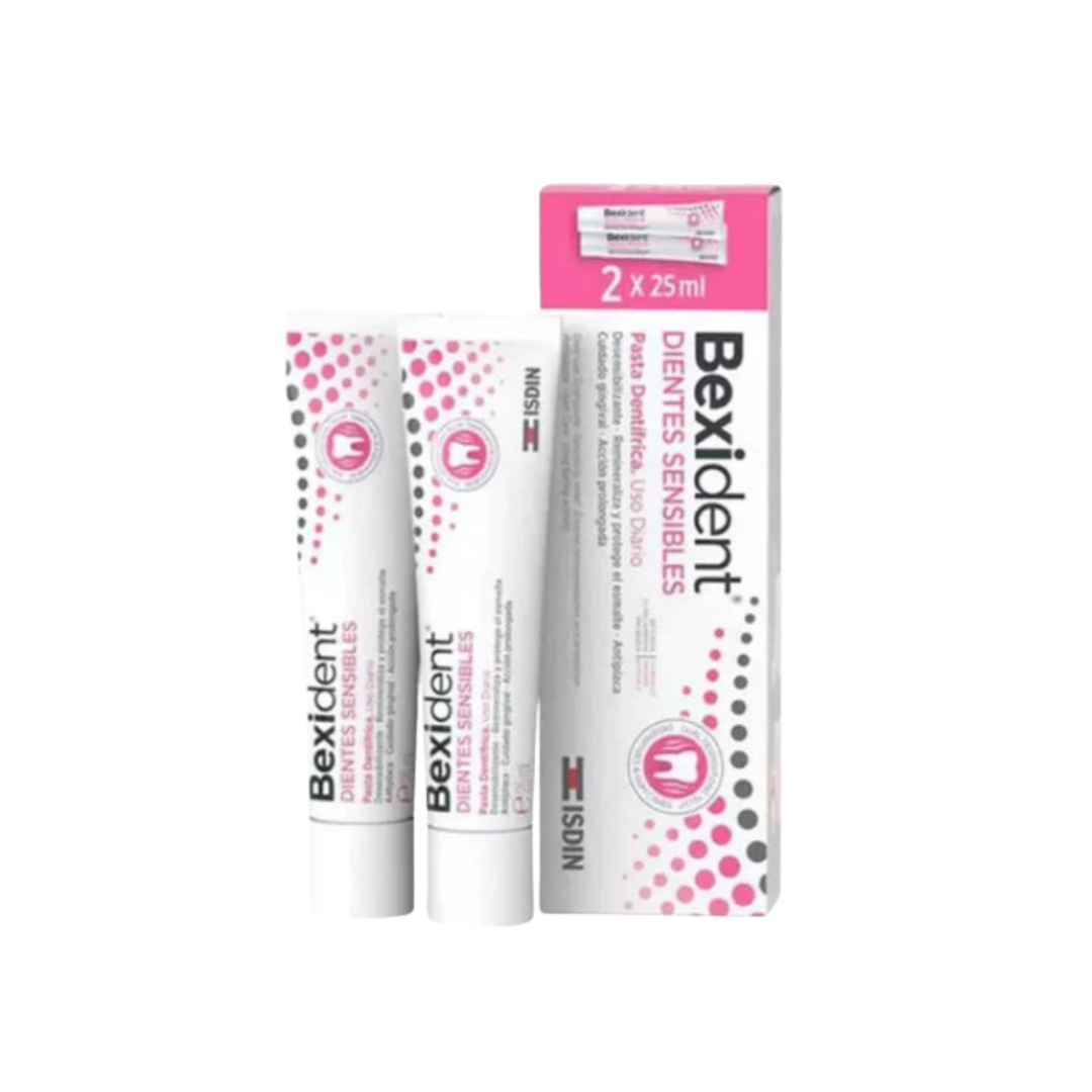 ISDIN Bexident Sensitive Teeth toothpaste 2x25ml tubes with outer box, white and pink packaging