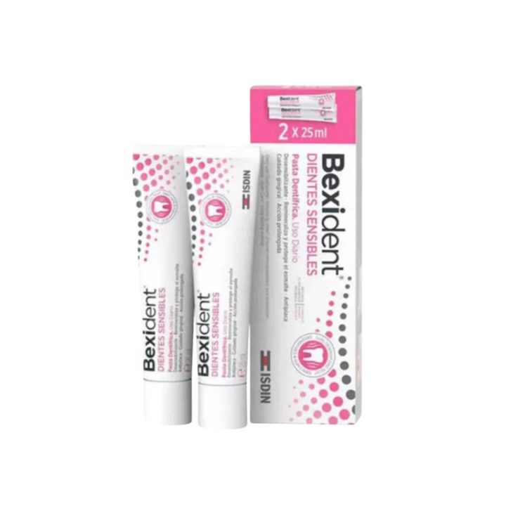 ISDIN Bexident Sensitive Teeth toothpaste 2x25ml tubes with outer box, white and pink packaging