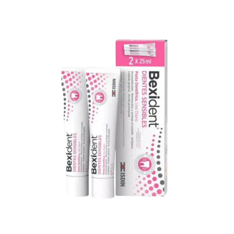 ISDIN Bexident Sensitive Teeth toothpaste 2x25ml tubes with outer box, white and pink packaging