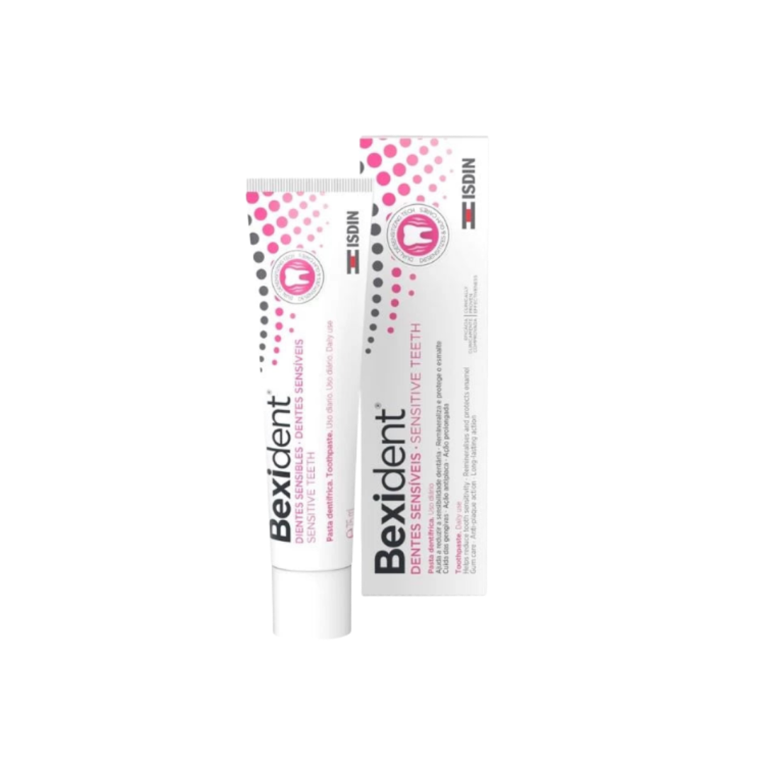 ISDIN Bexident Sensitive Teeth toothpaste, tube with outer box, white and pink packaging