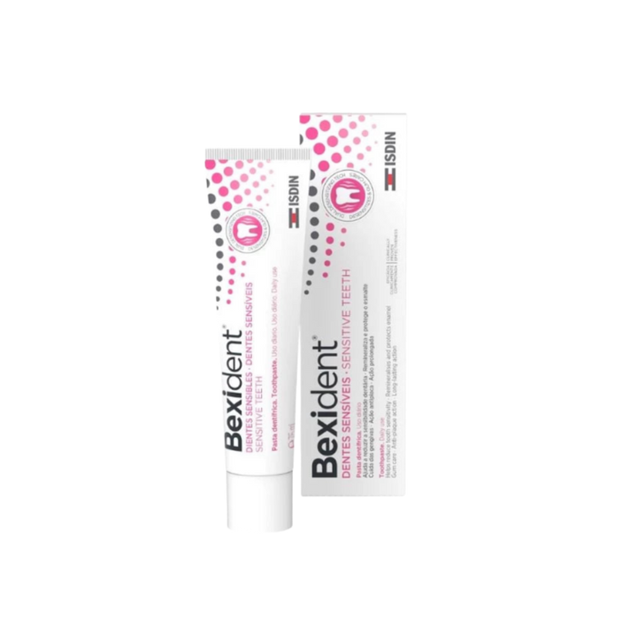 ISDIN Bexident Sensitive Teeth toothpaste, tube with outer box, white and pink packaging