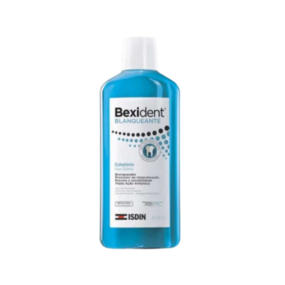 Bexident Blanqueante Whitening Mouthwash by ISDIN in a blue 500ml bottle.
