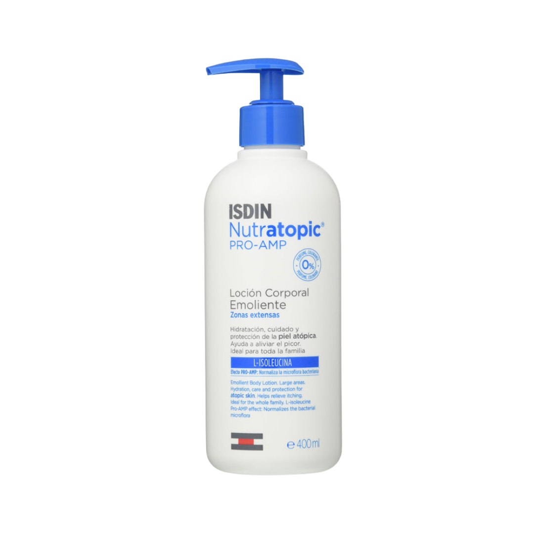 ISDIN Nutratopic Pro-AMP emollient body lotion 400ml white bottle with blue pump dispenser