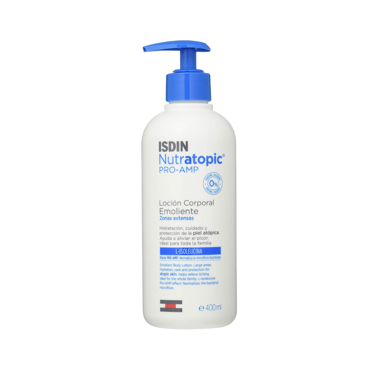 ISDIN Nutratopic Pro-AMP emollient body lotion 400ml white bottle with blue pump dispenser