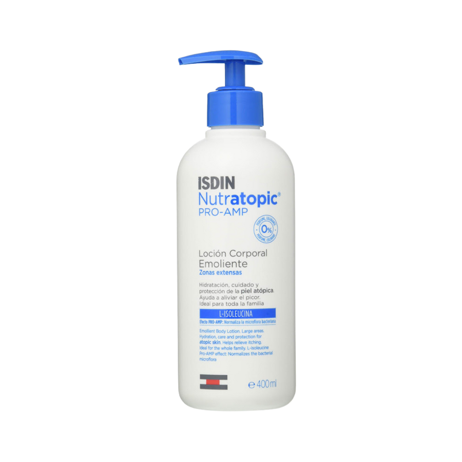 ISDIN Nutratopic Pro-AMP emollient body lotion 400ml white bottle with blue pump dispenser