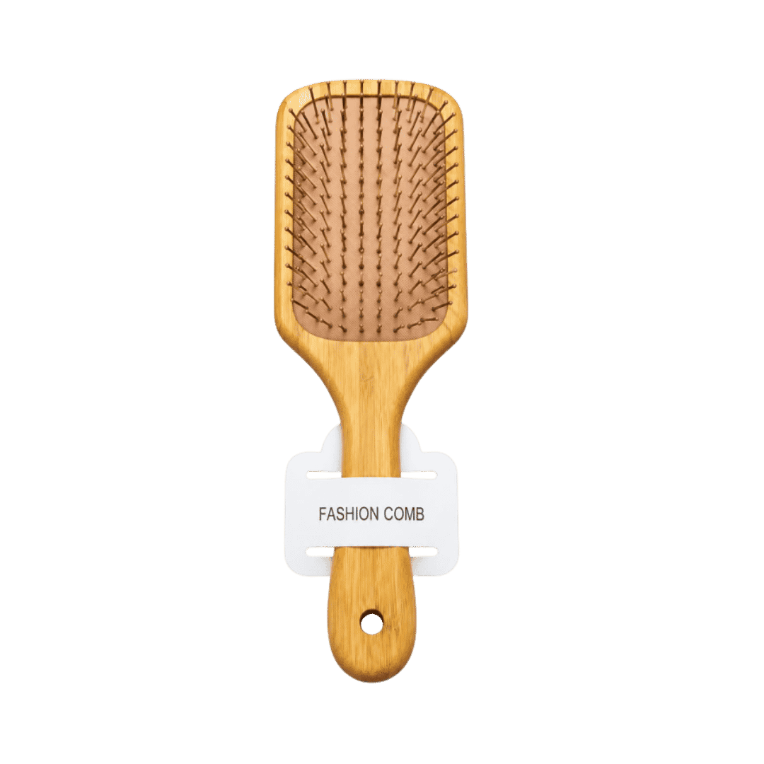 IVORY Fashion Comb wooden paddle hair brush with rectangular head, cushioned base, and metal bristles.