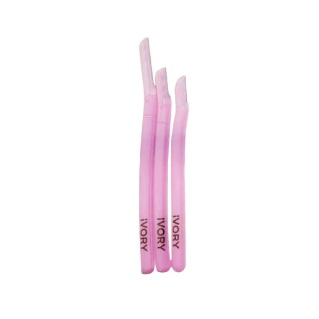 Ivory eyebrow razor set, three pink facial razors for shaping brows and removing fine facial hair.