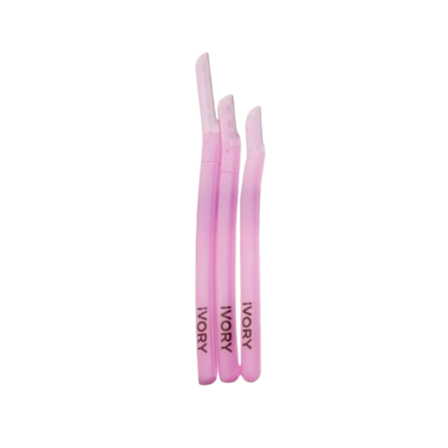 Ivory eyebrow razor set, three pink facial razors for shaping brows and removing fine facial hair.
