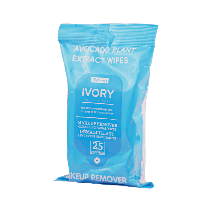 "iVORY Avocado Plant Extract Makeup Remover Wipes, 25 soft cotton wipes per pack, designed for gentle skin cleansing."