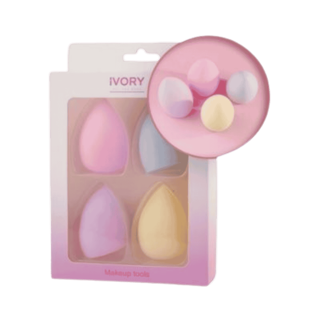IVORY beauty blender set 4pcs pastel colors makeup sponges for foundation and concealer application box packaging