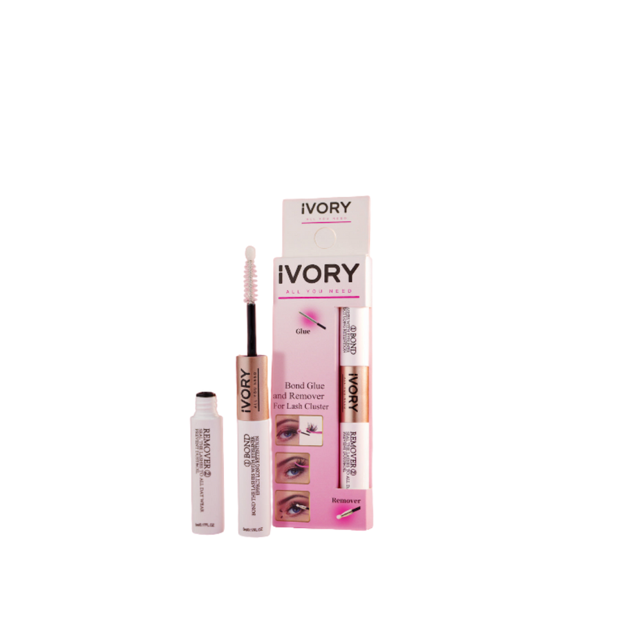Ivory bond glue and remover for lash clusters, packaged in a box with two products: glue and remover.
