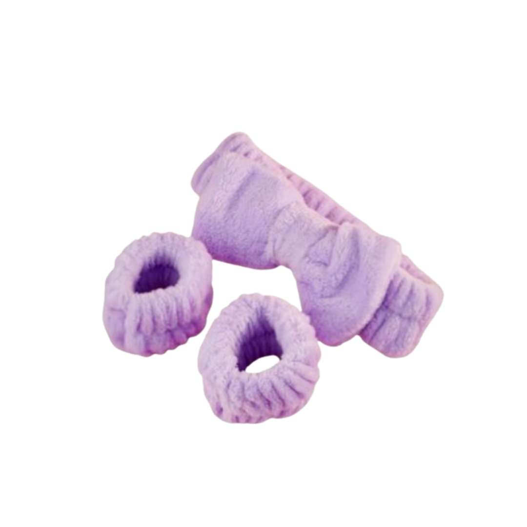 Soft spa headband and wristband set, purple microfiber face washing accessories for skincare routine.